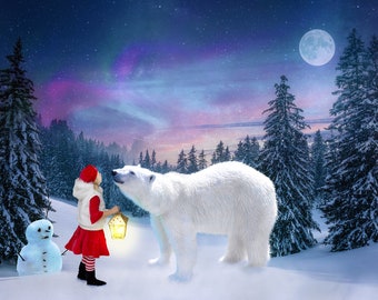 winter wonderland digital background with polar bear and snowman, winter landscape, photo editing, moon and aurora borealis /northern lights