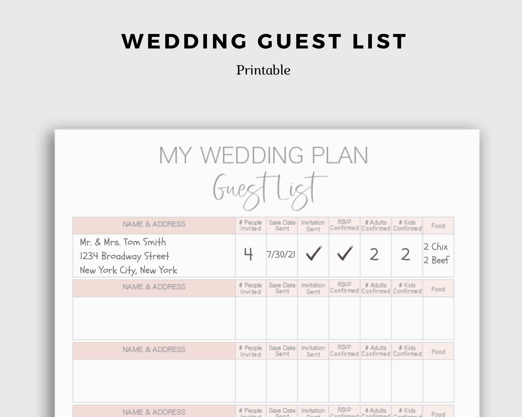 Wedding Guest List Printable Wedding Planner Printable Wedding Etsy