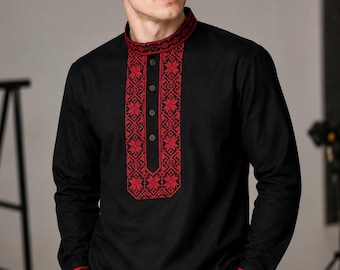 Black men's traditional Ukrainian cotton vyshyvanka shirt, ethnic pattern, black on black embroidery