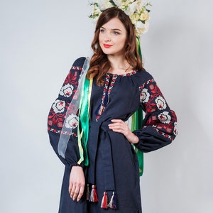 Linen embroidered dress  midi, Ukrainian ethnic  dress with traditional embroidery, vyshyvanka dress Ukraine,Maternity dress for photo shoot