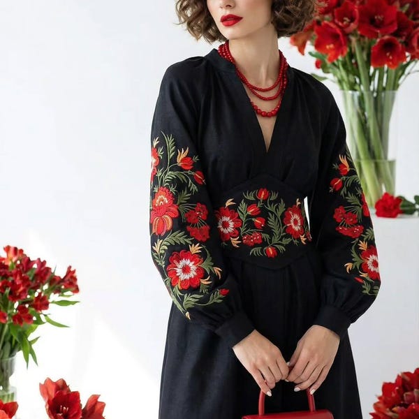 Corset Dress Embroidered: Ukrainian Petrykivka Floral Dress | Black Midi Dress  Red Embroider  | Folk Inspired Elegant Dress | Malyar set