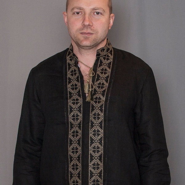 Men’s Dark Blue Vyshyvanka With Traditional Embroidery Long Sleeve