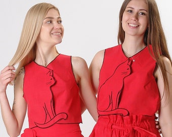 Linen cat  lover tank top Black cat girl vest Cat lovers vest Original gift for cat lovers Embroidered felines vest  Cat vest top