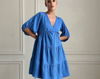 Textured linen  dress mini blue, Loose fit dress,  Washed linen dress, Resort light dress, Soft flax dress, Dress with pockets, Gift for her