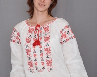 Ukrainian linen embroidered vyshyvanka blouse "Grape"  with traditional black-red cross stitch embroidery, Ukranian ethnic pattern