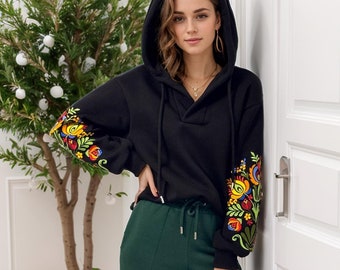 Embroidered Hoodie: Floral Sleeve, Cotton Blend Sweatshirt, Embroidered sweatshirt