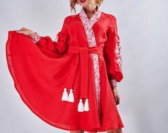 Linen embroidered dress "Firebird" midi, Ukrainian ethnic  dress with traditional embroidery