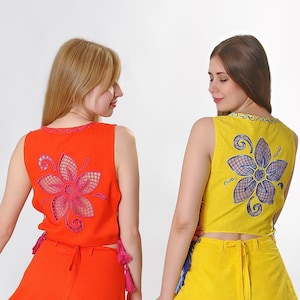 Crop tank top &quot;Wonderflower&quot; orange  Sleevless embroidered vest  Linen hand cutwork top, Festival outfit,  Gift for Her, birthday gift