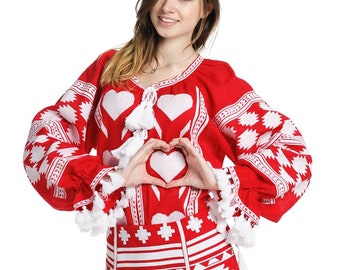 Linen embroidered blouse "Gutsul" red Ukrainian ethnic style with white embroidery and  cuffs with tassels, red kaftan blouse, Gift for her
