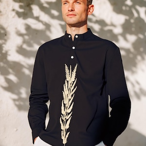 Black men&#39;s traditional Ukrainian vyshyvanka shirt &quot;Wheat&quot;black, ethnic pattern, gold on black embroidery, Malyar top, Gift for him