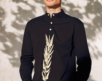 Black men's traditional Ukrainian vyshyvanka shirt "Wheat"black, ethnic pattern, gold on black embroidery, Malyar top, Gift for him