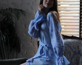 Ukraine blue linen embroidered dress "Ruzha" mini  Ukrainian ethnic custom dress  blue embroidery  gift for women, light summer dress