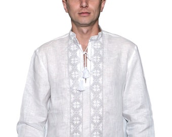 Ukrainian White men's traditional  linen vyshyvanka shirt "Panska" , ethnic pattern, white on white embroidery, blue on white embroidery