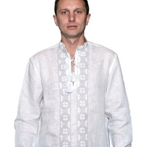 Ukrainian White men&#39;s traditional  linen vyshyvanka shirt &quot;Panska&quot; , ethnic pattern, white on white embroidery, blue on white embroidery