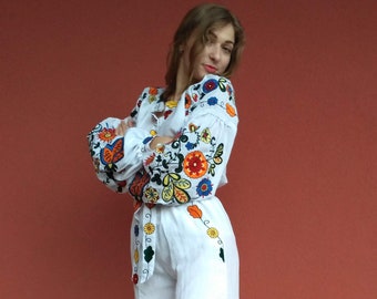 White Linen Floral Embroidered Blous: Ukrainian vyshyvanka | Multycolor Embroidered top | Linen summer set  | Gift for her