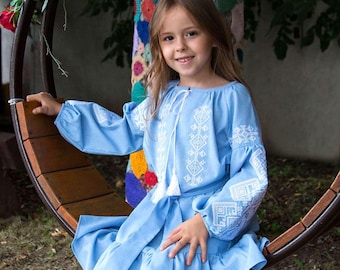 Vyshyvanka dress for girl with traditional  Ukranian ethnic pattern | Gift for girl | Gift for daughter | Girls embroidered linen dress