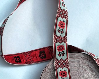 Jacquard ribbon trim, red rose embroidery trim, Ukrainian ethnic ribbon,  width 1,2"