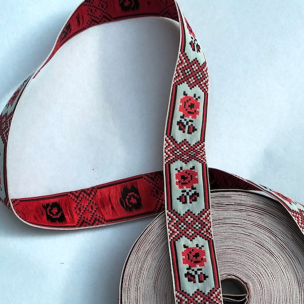 Jacquard ribbon trim, roll 25 m red rose embroidery trim, Ukrainian ethnic ribbon,  width 1,2"