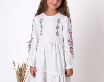 Vyshyvanka dress for girl with traditional  Ukranian ethnic pattern, Gift for girl, Gift for daughter, Girls embroidered linen dress