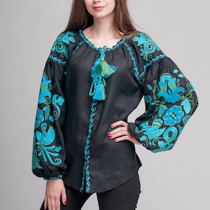 Black linen embroidered blouse "Birds"  kaftan with turquoise embroidery Ukranian ethnic pattern   vyshyvanka blouse kyiv