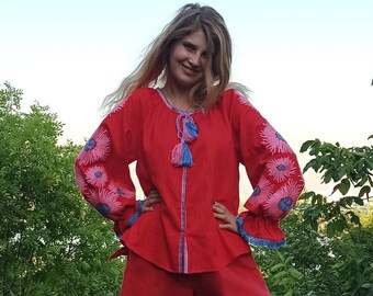 Red linen embroidered blouse "Aster"  kaftan with multycolour embroidery , vyshyvanka blouse kyiv, gift for her  Ukraine embroider blouse