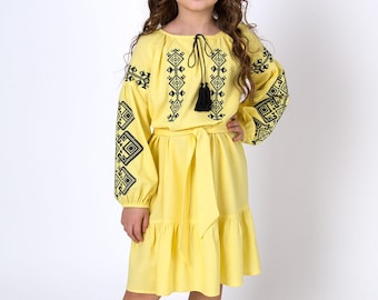 Vyshyvanka dress for girl with traditional  Ukranian ethnic pattern, Gift for girl, Gift for daughter, Girls embroidered linen dress