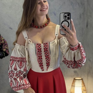 Embroidered corset crop top with wide embroidered sleeves , vyshyvanka corset blouse,   renaissance corset top and skirt set, Gift for her
