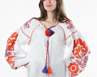 White linen embroidered blouse "Boho chick"  kaftan with multycolour embroidery, vyshyvanka blouse kyiv,  Ukraine embroider blouse