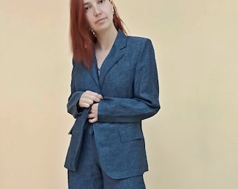 Linen Suit for Women: Minimalist Linen Blazer and Wide Short Pants Set | Gift for her