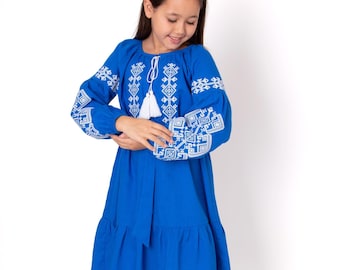 Vyshyvanka dress for girl with traditional  Ukranian ethnic pattern, Gift for girl, Gift for daughter, Girls embroidered linen dress