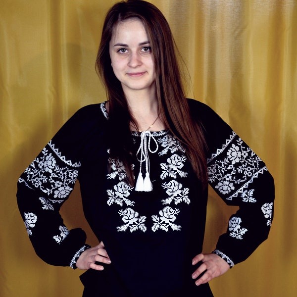 Batiste embroidered vyshyvanka blouse "Roses"  with traditional multycolour embroidery, Ukranian ethnic pattern, vyshyvanka blouse kyiv