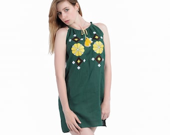 Ukraine linen tank top embroidered,  Green linen embroidered mini dress  whith white and yellow pattern, light green dress sleeveless