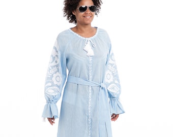 Blue linen embroidered dress "Ruzha" maxi, Ukrainian ethnic custom dress, white  embroidery, gift for women, light summer dress