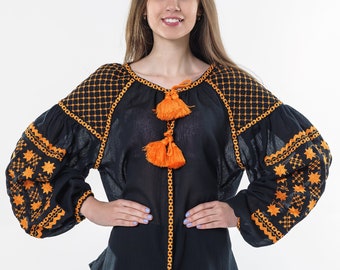 Black linen embroidered blouse "Starry night"  kaftan, multycolour embroidery, vyshyvanka blouse kyiv, light linen top