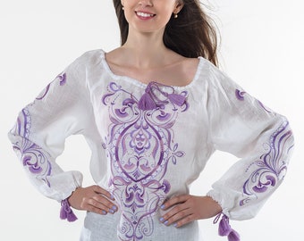 Ukrainian white linen embroidered blouse "Herbs"   with traditional multycolour embroidery, Ukranian ethnic pattern gold