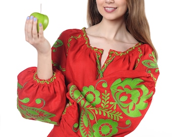 Linen embroidered dress "Boho chik" maxi red  Ukrainian ethnic custom dress green embroidery long kaftan, Maternity dress for photo shoot