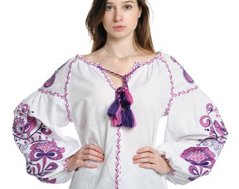 Ukrainian Linen Embroidered Blouse , "Life Tree" Floral Pattern, Balloon Sleeve, Tassels