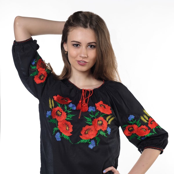 Batiste embroidered blouse "Poppy flowers"   with traditional multycolour embroidery, Ukranian ethnic pattern, vyshyvanka blouse kyiv