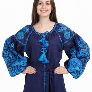 Ukrainian linen embroidered dress Life tree maxi blue Ukrainian ethnic custom dress with blu-light blue embroidery image 2