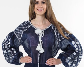 Navy Linen Embroidered Shirt "Starry night": White Embroidery  Vyshyvanka Blouse Ukraine | Night Elven Dress | Gift for Her