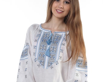 Ukrainian linen white embroidered blouse "Mrs Polubotok", traditional multycolour embroidery Ukranian ethnic pattern, Ukranian vyshyvanka