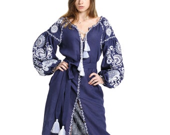 Linen embroidered dress "Life tree" maxi blue Ukrainian ethnic custom dress, Maternity dress for photo shoot
