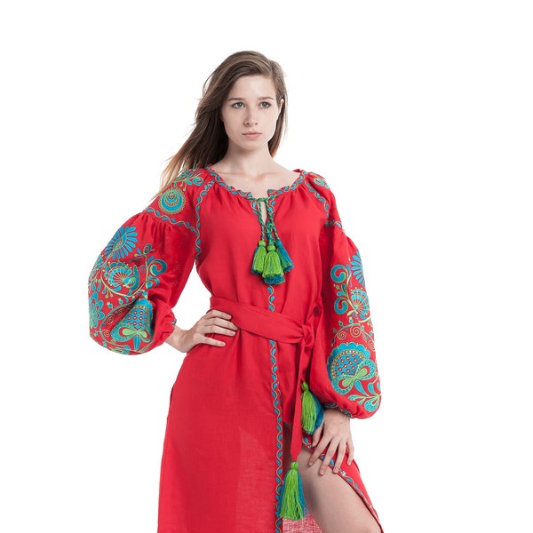 Ukrainian linen embroidered dress maxi red "Life tree" maxi red Ukrainian ethnic custom dress gift for her turquoise embroidery