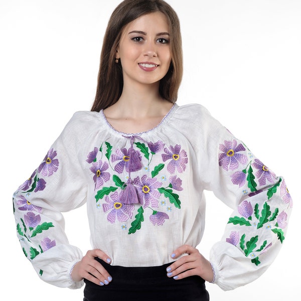 Ukrainian linen embroidered blouse "Mallow purple"   with traditional multycolour embroidery, Ukranian ethnic vyshyvanka blouse kyiv