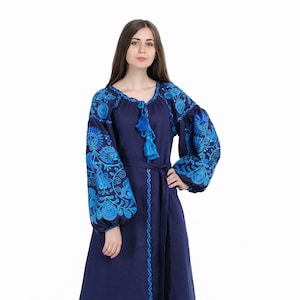 Ukrainian linen embroidered dress Life tree maxi blue Ukrainian ethnic custom dress with blu-light blue embroidery image 1