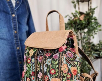 Embroidered Denim Backpack, Ukrainian Folk Tapestry, Boho Floral