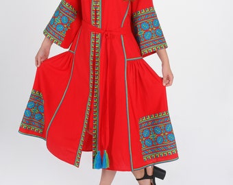 Red linen embroidered dress "Carpathians flowers" midi kaftan with multycolour embroidery, Modern Ukranian vyshyvanka dress