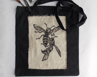 Linosnede draagtas met wespenprint: handgemaakte katoenen canvas shopper | Cadeau aan haar