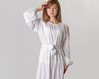 Bridesmaid dress White, Soft linen  dress maxi loose fit belted dress,   resort light dress, maternity dress for photo shoot