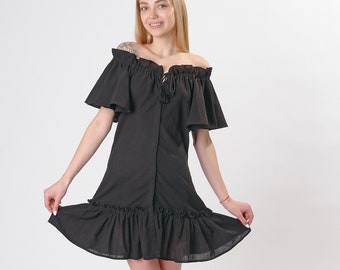 Frilled Sleeve Mini Dress with Ruffles Linen Black,  Linen frilled dress mini black, Off-shoulders dress , Frilled dress, Simple prom dress